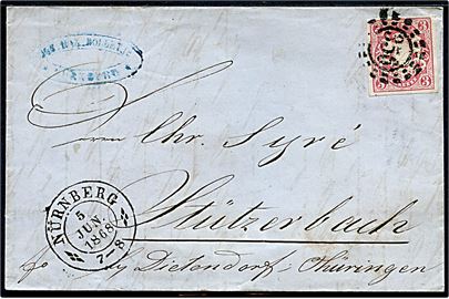 3 kr. Våben utakket single på brev annulleret med nr.stempel 356 og sidestemplet Nürnberg d. 5.6.1868 til Stützerbach.