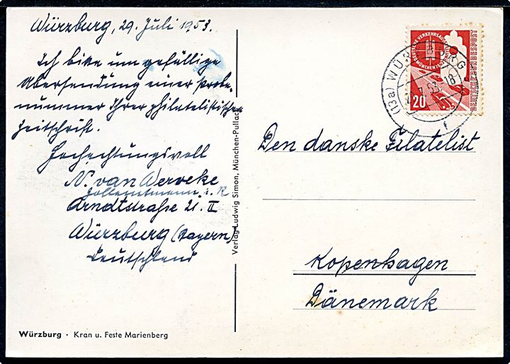 20 pfg. Deutsche Verkehrsausstellung single på brevkort fra Würzburg d. 29.7.1953 til København, Danmark.