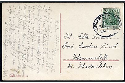 5 pf. Germania på brevkort annulleret med bureaustempel Oberjersdal - Toftlund Bahnpost Zug 37 d. 24.1.1913 til Hammeleff.