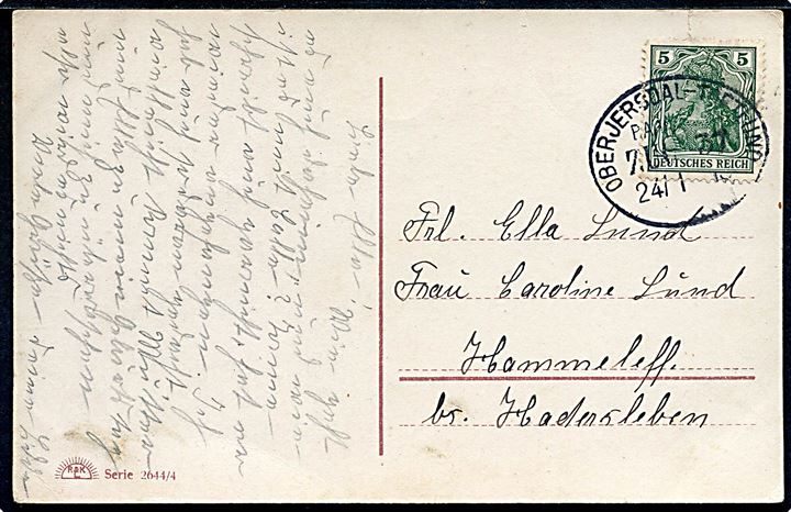 5 pf. Germania på brevkort annulleret med bureaustempel Oberjersdal - Toftlund Bahnpost Zug 37 d. 24.1.1913 til Hammeleff.