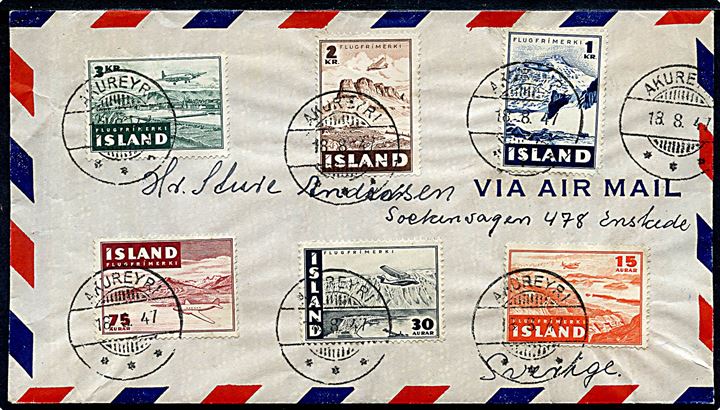 Komplet sæt Luftpost på luftpostbrev fra Akureyri d. 18.8.1947 til Enskede, Sverige.