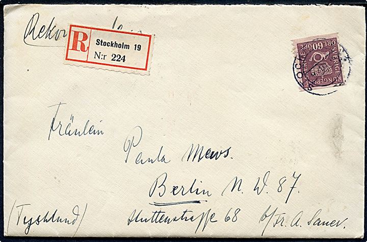 60 öre Tre Kroner single på anbefalet brev fra Stockholm d. x.10.1923 til Berlin, Tyskland.