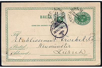 5 öre helsagsbrevkort opfrankeret med 5 öre Ringtype fra Stockholm d. 27.12.1887 til Neumünster, Schweiz.