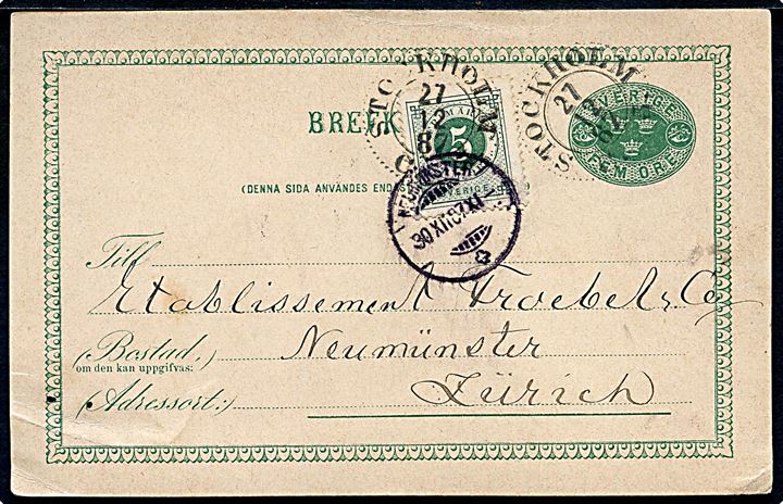 5 öre helsagsbrevkort opfrankeret med 5 öre Ringtype fra Stockholm d. 27.12.1887 til Neumünster, Schweiz.