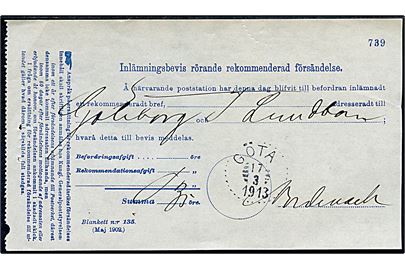 Fortrykt kvittering for afsendelse af anbefalet brev til Göteborg med stempel Göta d. 17.3.1913.