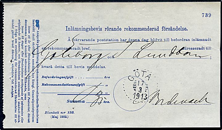 Fortrykt kvittering for afsendelse af anbefalet brev til Göteborg med stempel Göta d. 17.3.1913.