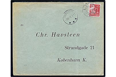 15 øre Karavel på brev annulleret med udslebet stjernestempel LERVIG og sidestemplet Thorshavn d. 7.10.1939 til København. Rifter i overkanten.