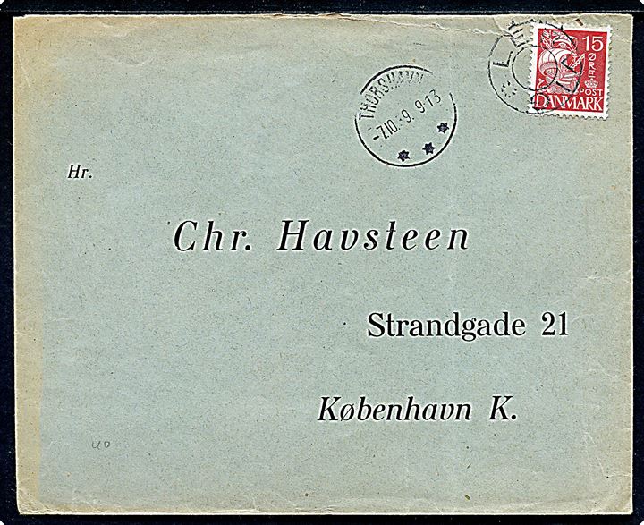 15 øre Karavel på brev annulleret med udslebet stjernestempel LERVIG og sidestemplet Thorshavn d. 7.10.1939 til København. Rifter i overkanten.