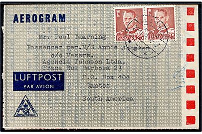 25 øre Fr. IX i parstykke på privat aerogram fra Kirke-Hyllinge d. 22.11.1951 til passager ombord på M/S Annie Johnson i Santos, Brasilien.