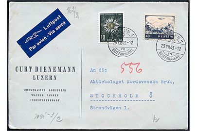 10+5 c. Pro Juventute 1943 og 40 c. Luftpist på luftpostbrev fra Luzern d. 23.12.1943 til Stockholm, Sverige. Åbnet af tysk censur i Berlin.