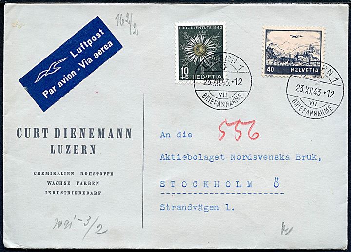 10+5 c. Pro Juventute 1943 og 40 c. Luftpist på luftpostbrev fra Luzern d. 23.12.1943 til Stockholm, Sverige. Åbnet af tysk censur i Berlin.