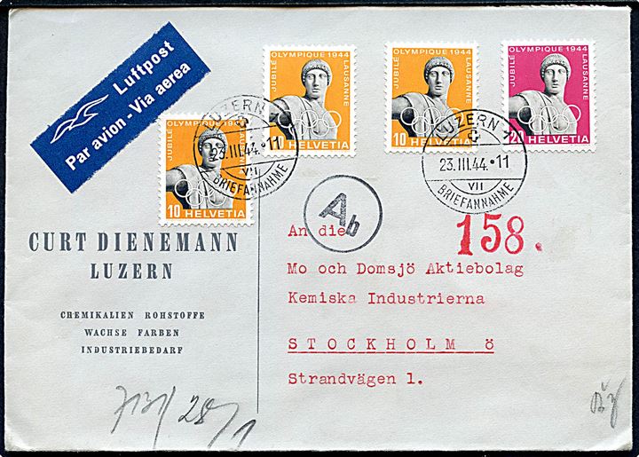 10 c. (3) og 20 c. 50 år for genoptagelse af Olympiade på luftpostbrev fra Luzern d. 23.3.1944 til Stockholm, Sverige. Åbnet af tysk censur i Berlin med neutral grålig banderole stemplet Ab.