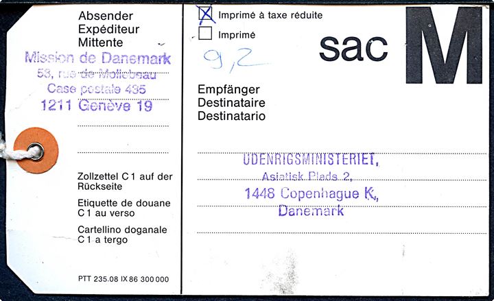 1 fr. og 3 fr. (9) Stjernetegn på 28 fr. frankeret manila-mærke fra M-SAC tryksags-sæk fra Mission de Danemark i Genéve d. 30.3.1989 til Udenrigsministeriet, København, Danmark.