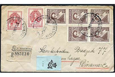 5 c. (2) og 10 c. (5) på anbefalet brev fra Argentina d. 3.8.1951 til København, Danmark. Påsat dansk J-4012 etiket.