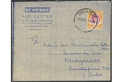 25 c. George VI på Air Letter fra Singapore d. 5.6.1951 til Nachiapuram, Indien.