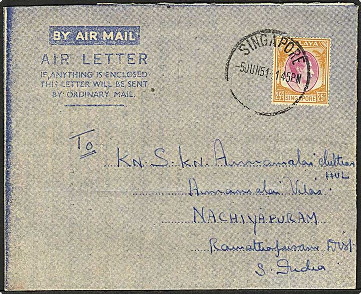 25 c. George VI på Air Letter fra Singapore d. 5.6.1951 til Nachiapuram, Indien.