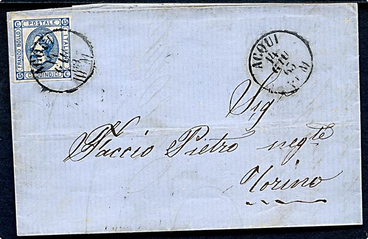 15 c. Viktor Emanuel II utakket (type I) single på brev fra Acqui d. 14.6.1863 til Torino.