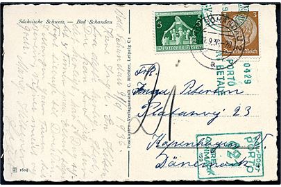 3 pfg. Hindenburg og 5 pfg. Mutter u. Kind på underfrankeret brevkort fra Bad Schandau d. 21.9.1936 til København, Danmark. Udtakseret i porto med 21 øre grønt portomaskinstempel fra København V.