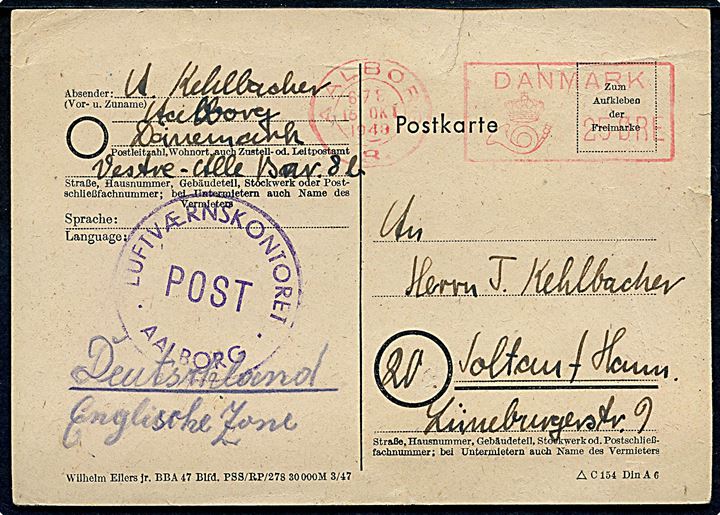 25 øre posthusfranko frankeret brevkort fra Aalborg 3 d. 15.10.1948 til Soltau, Tyskland. Sendt fra tysk flygtning i lejr Vestre Alle med blåt stempel Luftværnskontoret / Post / * Aalborg *.
