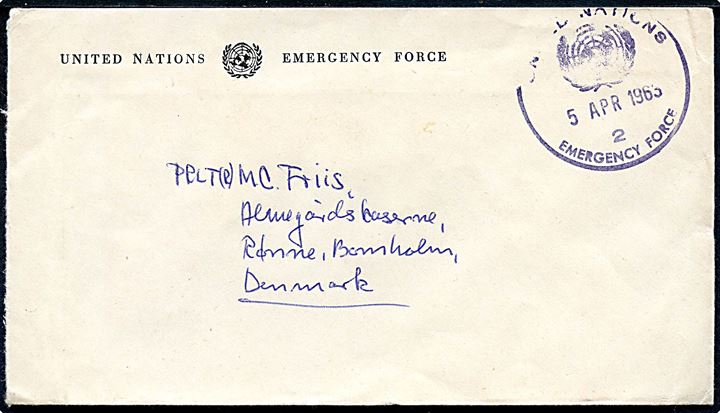 Ufrankeret fortrykt kuvert fra dansk officer ved DANOR Bn. stemplet United Nations Emergency Force 2 d. 5.4.1963 til Almegaardskaserne, Rønne, Danmark.