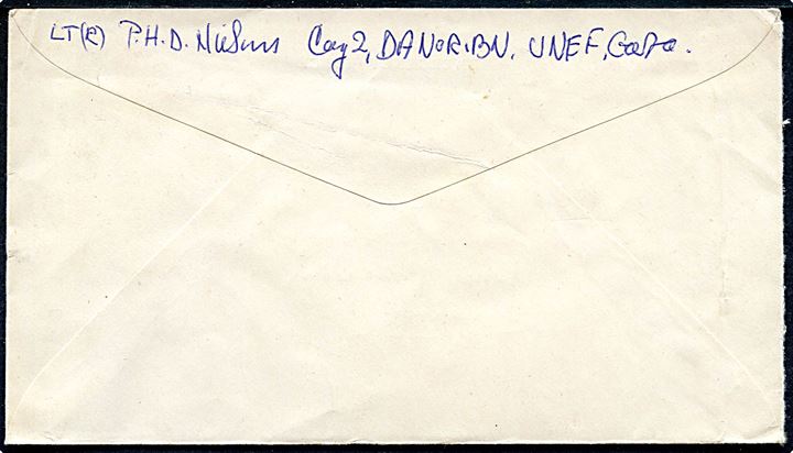 Ufrankeret fortrykt kuvert fra dansk officer ved DANOR Bn. stemplet United Nations Emergency Force 2 d. 5.4.1963 til Almegaardskaserne, Rønne, Danmark.