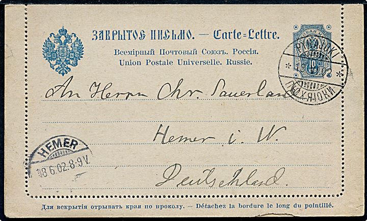 Russisk 10 kop. Våben helsags korrespondancekort med ringe annulleret med tosproget stempel i Pyuhäjoki d. 18.6.1902 til Hemer, Tyskland.
