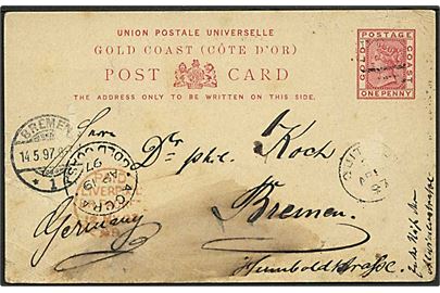 1d Victoria helsagsbrevkort annulleret med svagt nr.stempel B17 og sidestemplet Quittah  d. 13.4.1897 via Accra Gold Coast og Liverpool Br. Packet til Bremen, Tyskland.