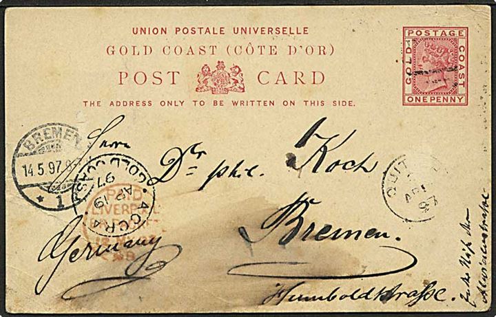 1d Victoria helsagsbrevkort annulleret med svagt nr.stempel B17 og sidestemplet Quittah  d. 13.4.1897 via Accra Gold Coast og Liverpool Br. Packet til Bremen, Tyskland.