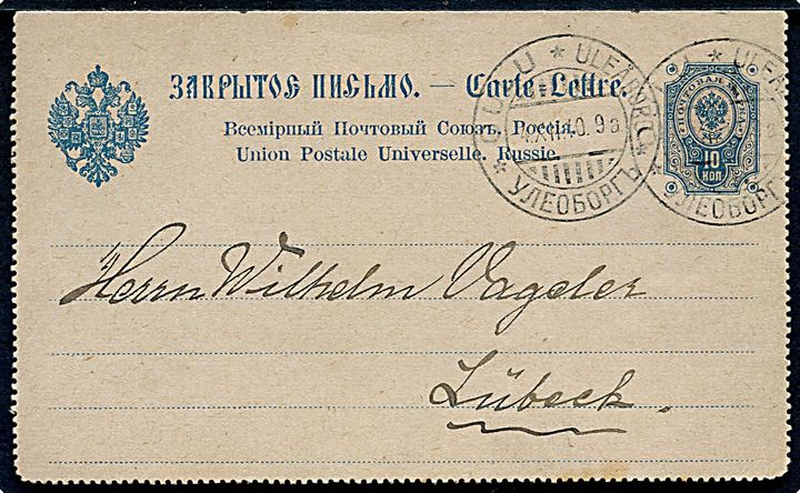 Russisk 10 kop. med ringe helsags-korrespondancekort fra Uleåborg d. 4.12.1910 til Lübeck, Tyskland.