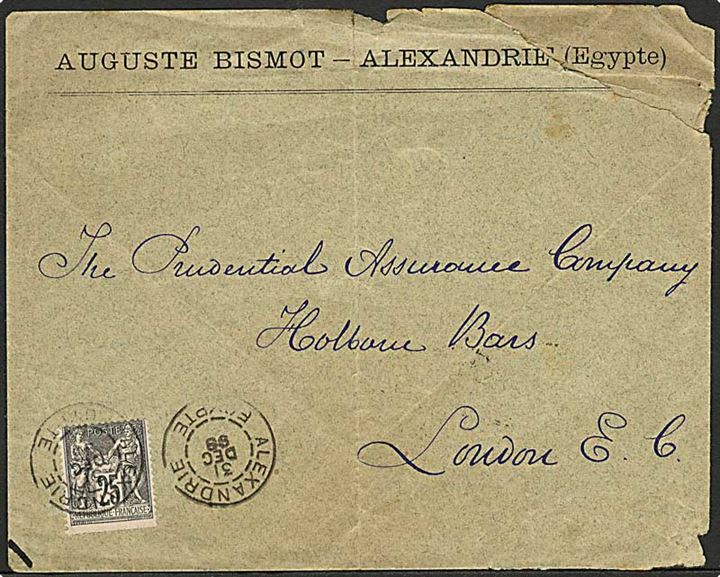 Fransk post i Levant. Fransk 25 c. på brev stemplet Alexandrie Egypte d. 31.12.1898 til London, England. Rifter.