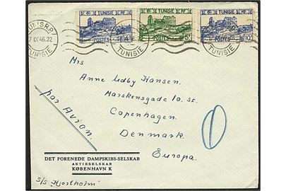 19 fr. frankeret luftpostbrev fra Tunis d. 17.9.1946 til København, Danmark. Fra DFDS skibet S/S Hjortholm.
