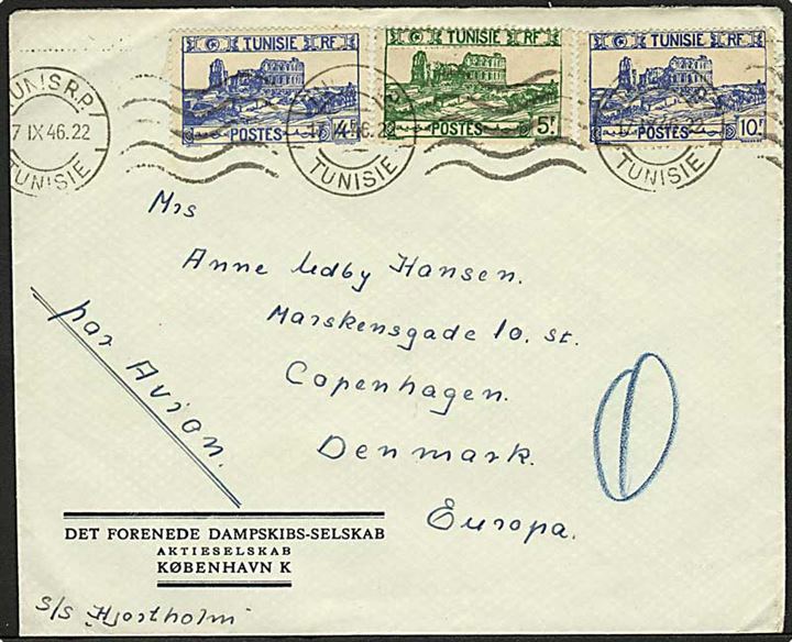 19 fr. frankeret luftpostbrev fra Tunis d. 17.9.1946 til København, Danmark. Fra DFDS skibet S/S Hjortholm.