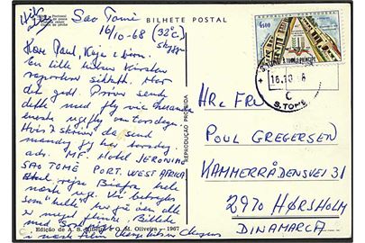 S. Tome e. Principe. 4$00 frankeret brevkort fra Sao Tomé d. 16.10.1968 til Hørsholm, Danmark. Interessant omtale af Biafra. Antagelig fra dansk nødhjælpsarbejder under Biafra-krigen.