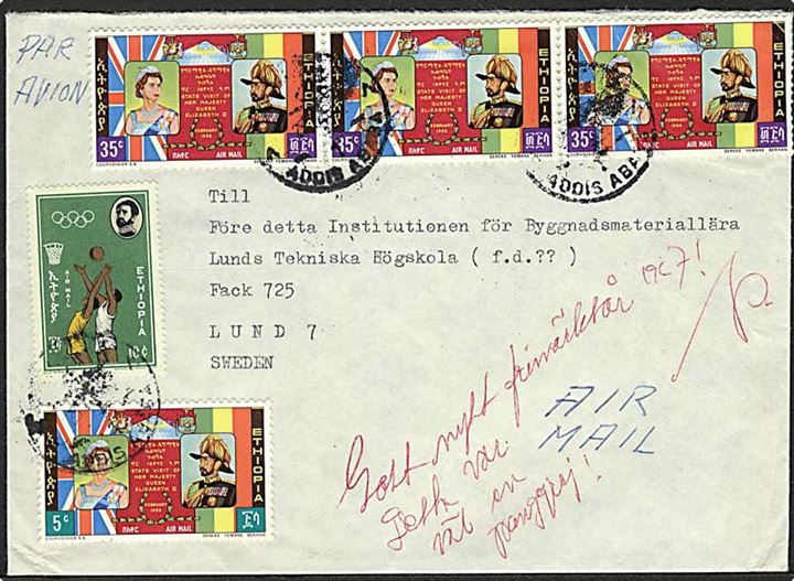 Blandingsfrankeret luftpostbrev fra Addis Abeba ca. 1967 til Lund, Sverige.