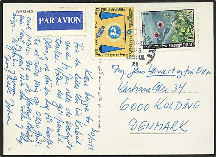 22 afs frankeret luftpost brevkort fra Kaboul d. 30.10.1975 til Kolding, Danmark.
