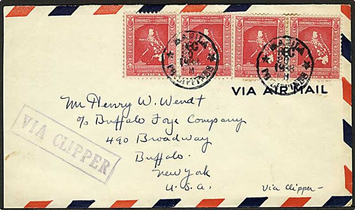 50 c. i 4-stribe på luftpostbrev fra Manila d. 30.12.1938 til Buffalo, USA. Påskrevet: via Clipper.