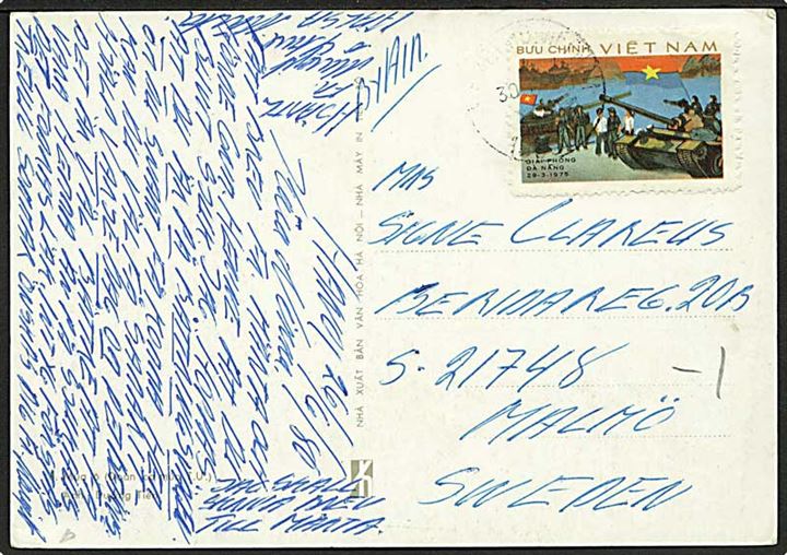 3 xu Da Nang udg. på brevkort fra Hanoi d. 30.6.1980 til Malmö, Sverige.