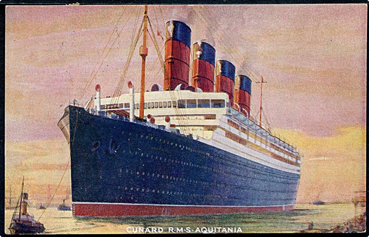 Aquitania, S/S, Cunard Line. Frankeret med 1d George V annulleret med amerikansk skibsstempel N.Y.P.O. Paquebot d. 2.5.1921 til USA.