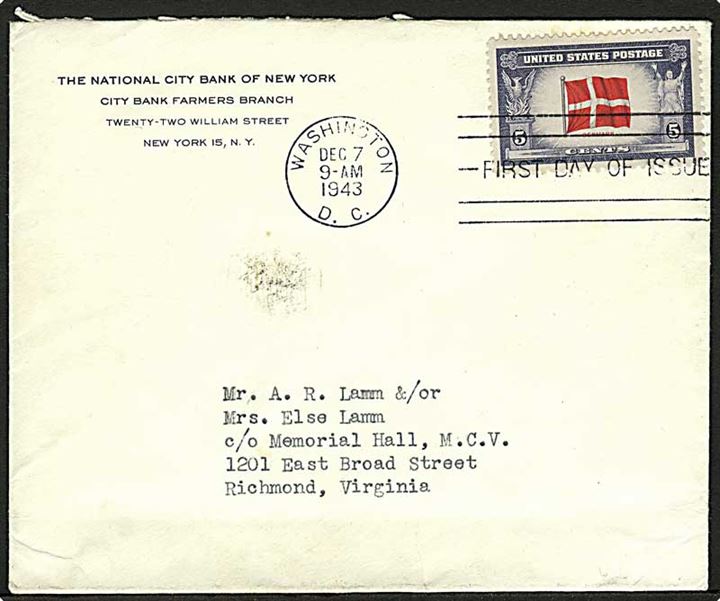5 cents Denmark udg. på FDC fra Washington d. 7.12.1943 til Richmond, USA.