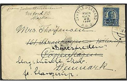 5 cents Roosevelt på brev fra McCord, Alaska annulleret med skibsstempel Seattle & Seward R.P.O. North d. 25.6.1930 til København, Danmark - eftersendt til Slangerup.