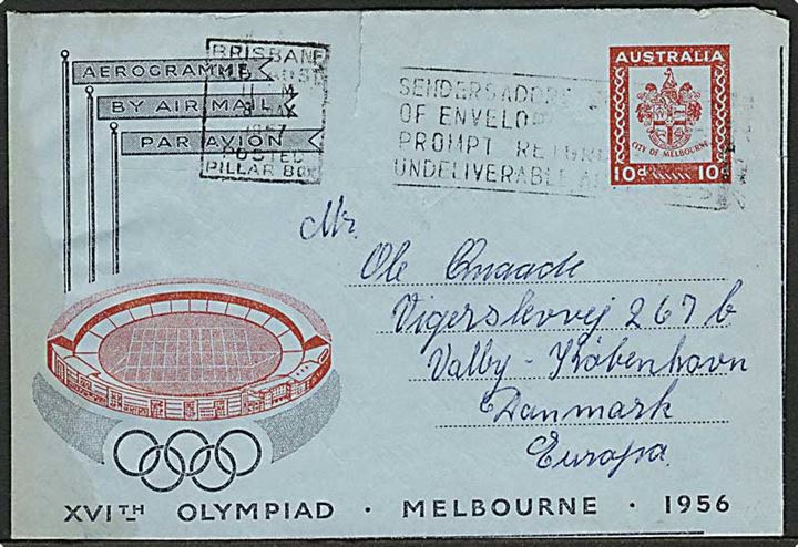 10 c. XVI Olympiade helsags aerogram fra Brisbane d. 8.5.1957 til København, Danmark.