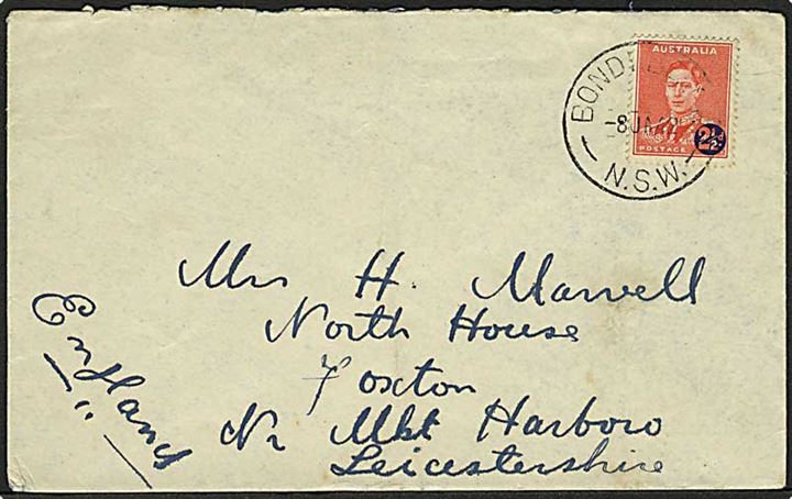 2½d/2d Provisorium på brev stemplet Bondi Beach N.S.W. d. 8.1.1942 til England.