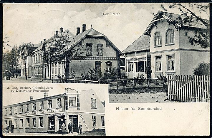 Sommersted, Hilsen fra med gade parti og J. Chr. Decker, Colonial, Jern og Kortevarer forretning. U/no.