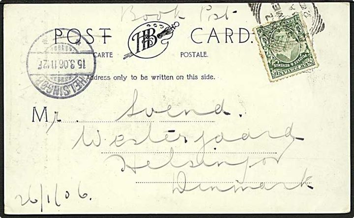 ½d single på brevkort stemplet Thames NZ d. 29.1.1906 til Helsingør, Danmark.