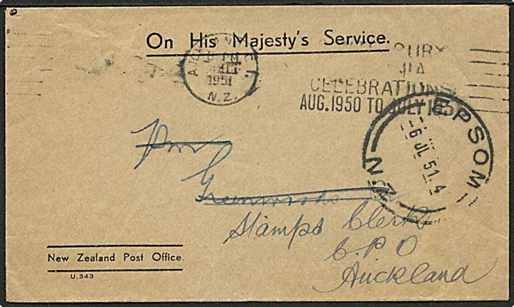 Ufrankeret tjenestebrev fra New Zealand Post Office i Epsom d. 6.7.1951 til Greenwoods Corner - eftersendt til Auckland.