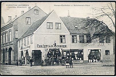 Åbenrå. Christian Jacobsen Herre forretning på südermarkt. H.C.F. no. 1089. Kort med spor efter opklæbning.