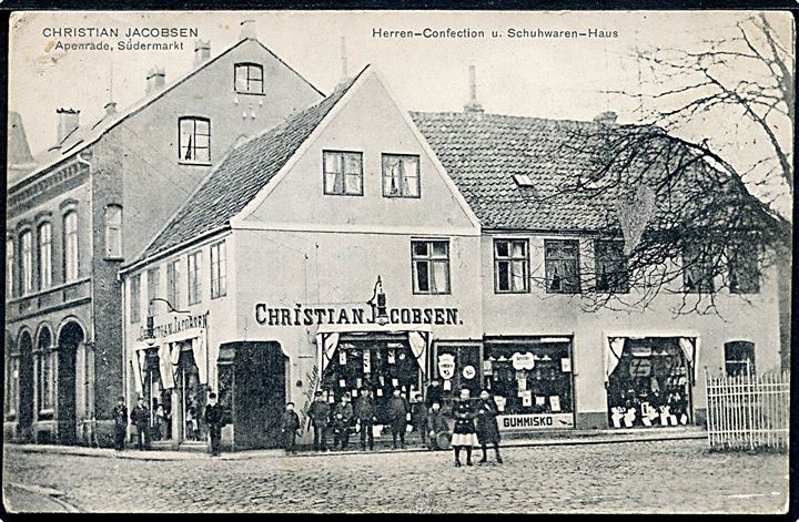 Åbenrå. Christian Jacobsen Herre forretning på südermarkt. H.C.F. no. 1089. Kort med spor efter opklæbning.