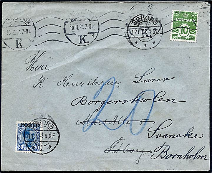10 øre Bølgelinie på underfrankeret brev fra København d. 10.11.1921 til Søborg. Udtakseret i porto med 20 øre Chr. X Porto-provisorium stemplet Søborg d. 11.11.1921 og eftersendt til Sandvig på Bornholm.