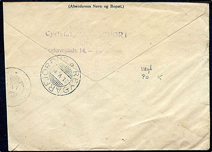 20 øre Chr. X i vandret 4-stribe på adressebrev for pakke med opkrævning fra Kjøbenhavn d. 5.5.1916 via Eskifjördur og Reydarfjördur til Egilstadir, Island. Kuvert afkortet i højre side. 