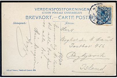 20 øre Chr. X single på brevkort fra Næstved d. 1.9.1920 til Reykjavik, Island.